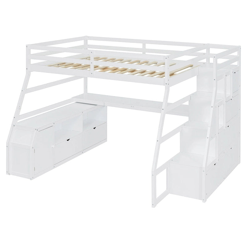 White Full Pine Loft Bed with Desk and Storage