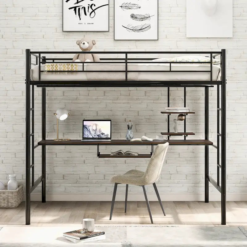 Black Full Size Metal Loft Bed with Desk & Shelf for Kids