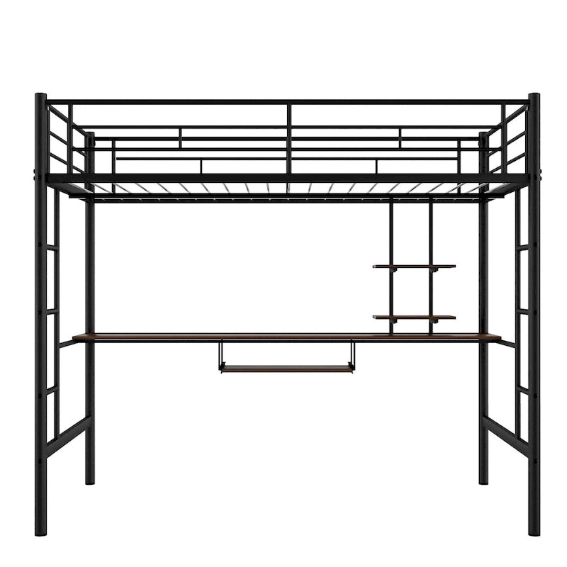 Black Full Size Metal Loft Bed with Desk & Shelf for Kids