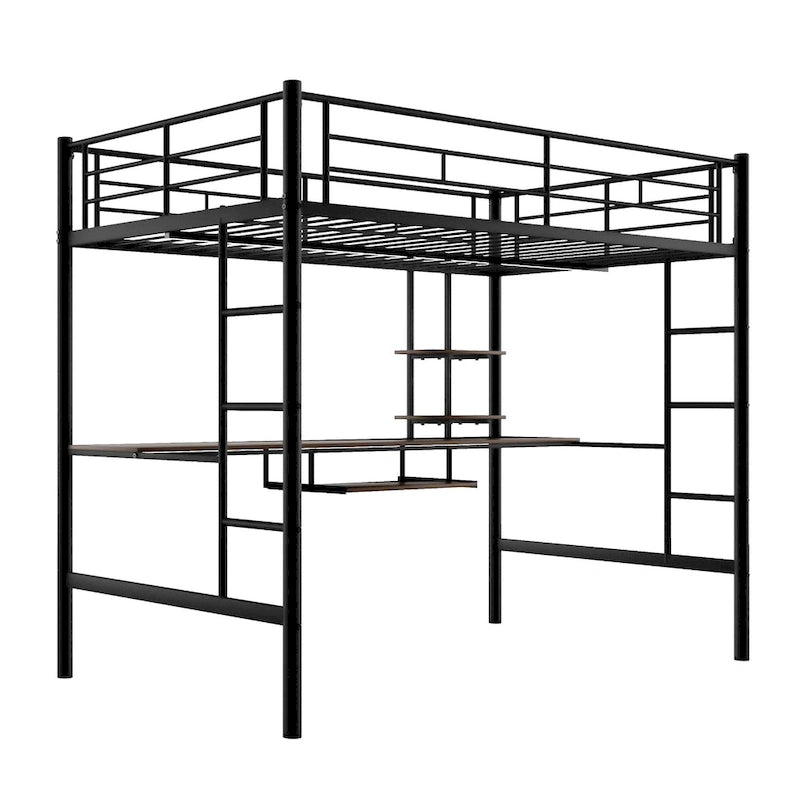 Black Full Size Metal Loft Bed with Desk & Shelf for Kids