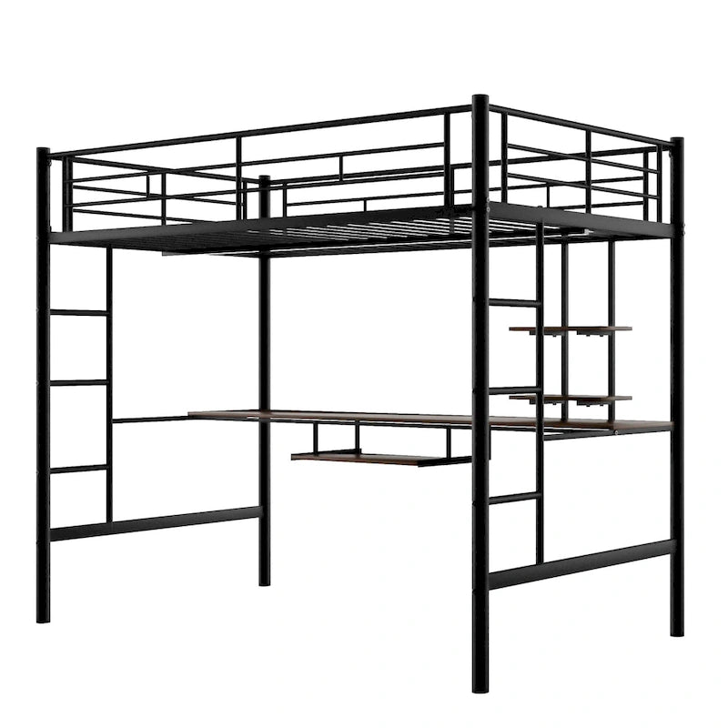 Black Full Size Metal Loft Bed with Desk & Shelf for Kids