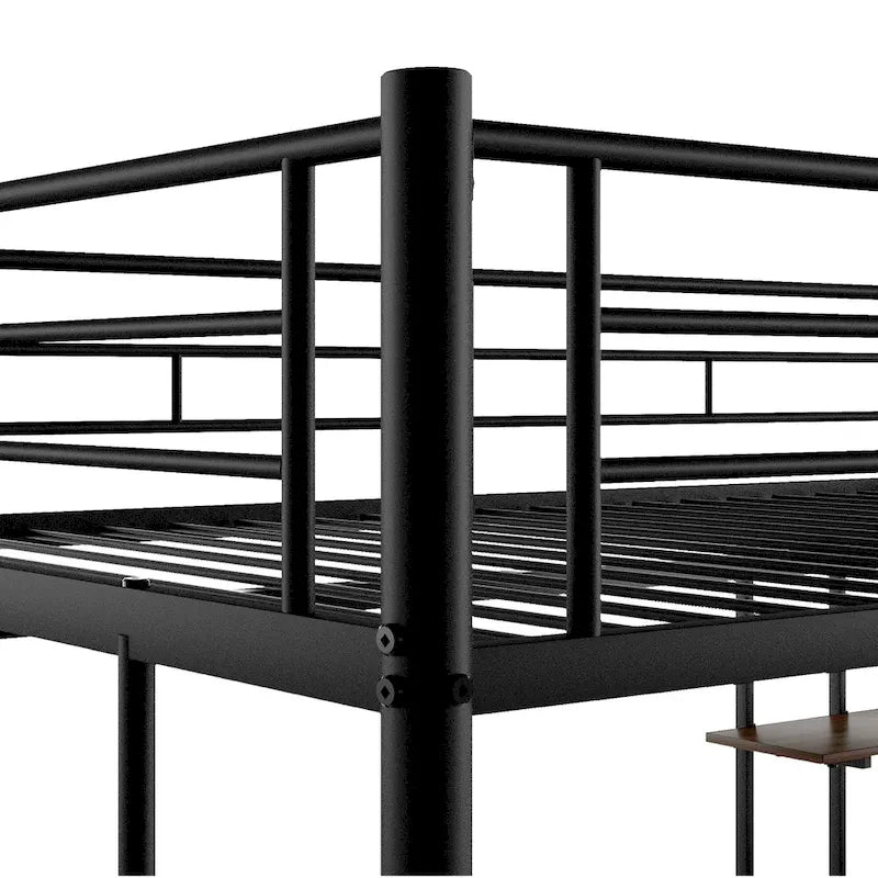 Black Full Size Metal Loft Bed with Desk & Shelf for Kids