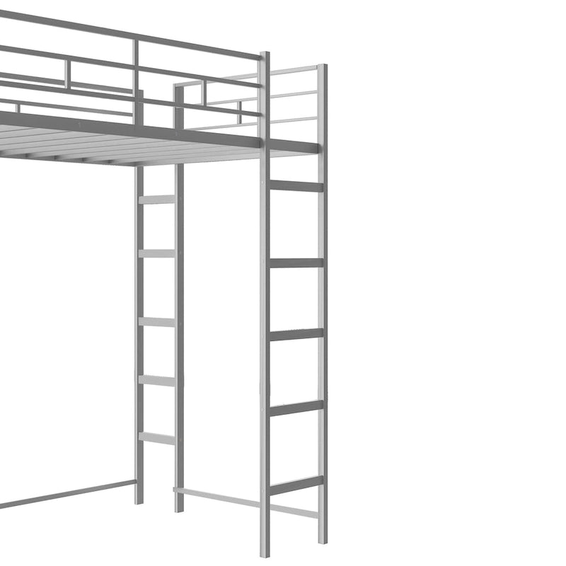Silver Twin Size Metal Loft Bed with Ladder, Fence, Shelves, and Desk