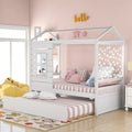 Cama tipo casinha de pinho de tamanho Twin com cama auxiliar, proteção lateral e janela
