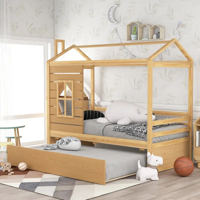 Twin Pine House Bed with Trundle, Guardrail, and Window