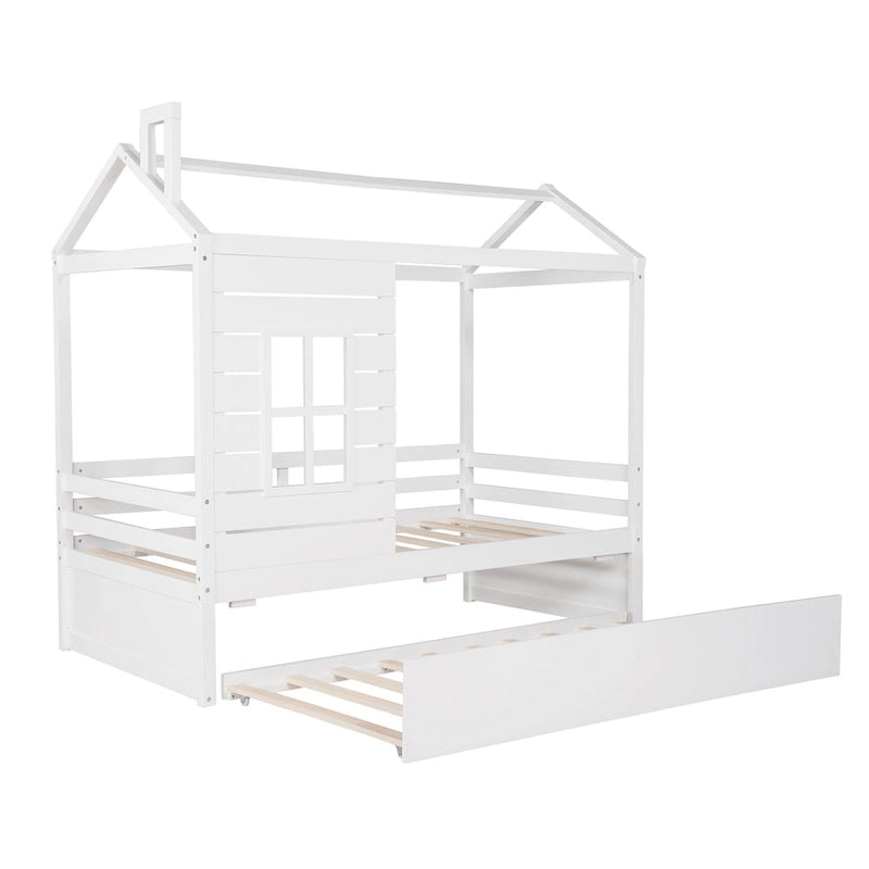 Cama tipo casinha de pinho de tamanho Twin com cama auxiliar, proteção lateral e janela