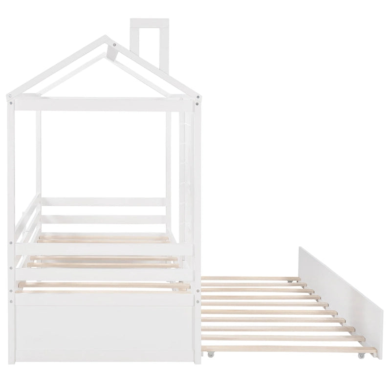 Cama tipo casinha de pinho de tamanho Twin com cama auxiliar, proteção lateral e janela