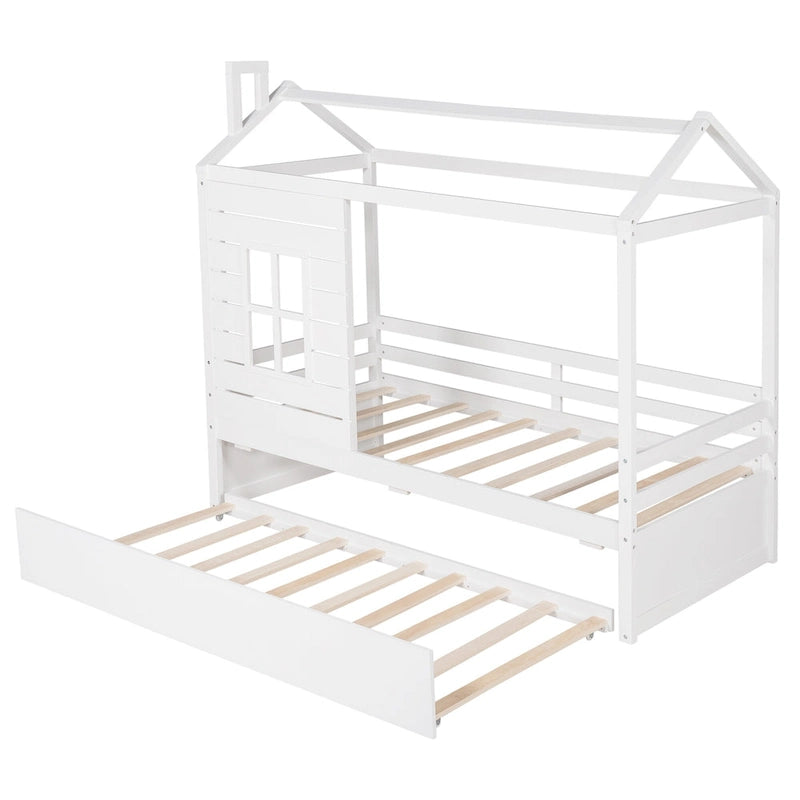 Cama tipo casinha de pinho de tamanho Twin com cama auxiliar, proteção lateral e janela