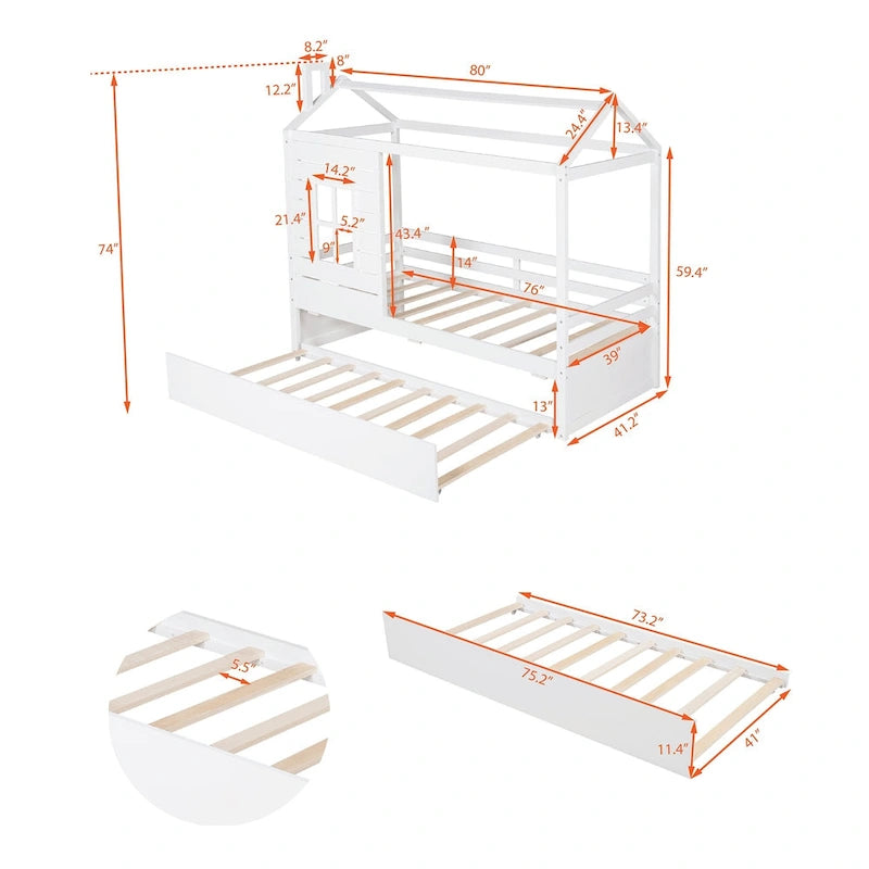 Cama tipo casinha de pinho de tamanho Twin com cama auxiliar, proteção lateral e janela