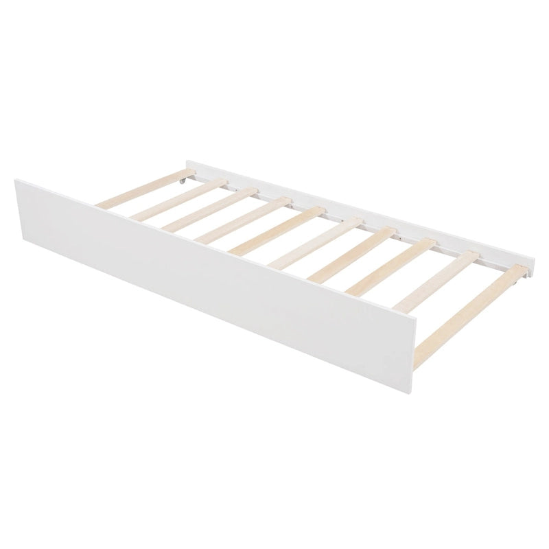 Cama tipo casinha de pinho de tamanho Twin com cama auxiliar, proteção lateral e janela