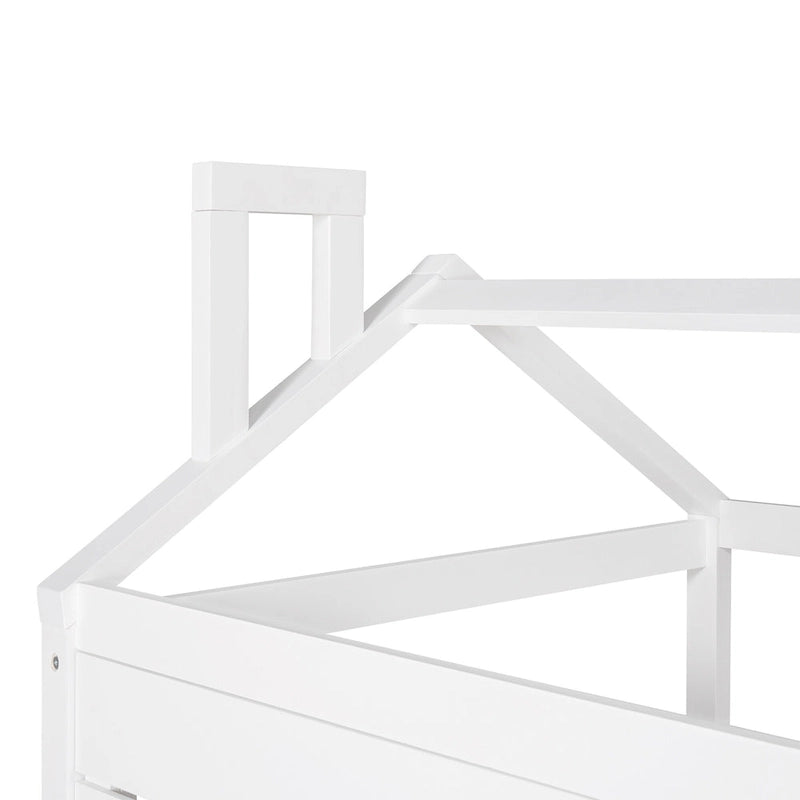 Cama tipo casinha de pinho de tamanho Twin com cama auxiliar, proteção lateral e janela