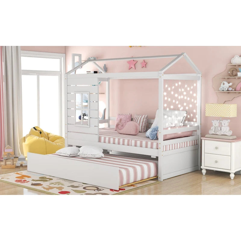 Cama tipo casinha de pinho de tamanho Twin com cama auxiliar, proteção lateral e janela