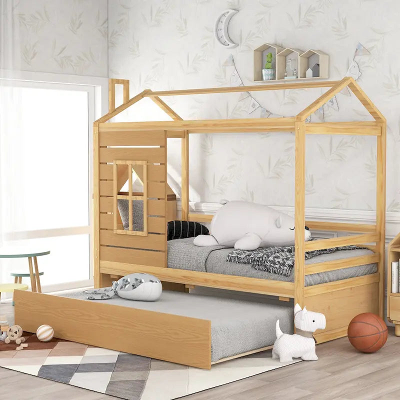 Cama tipo casinha de pinho de tamanho Twin com cama auxiliar, proteção lateral e janela