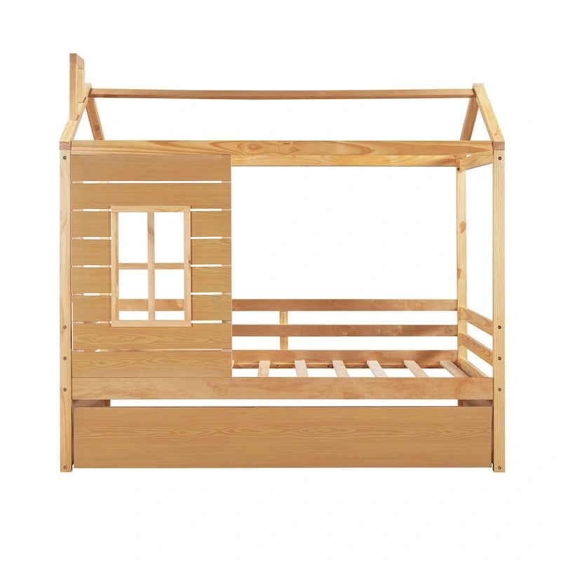 Cama tipo casinha de pinho de tamanho Twin com cama auxiliar, proteção lateral e janela