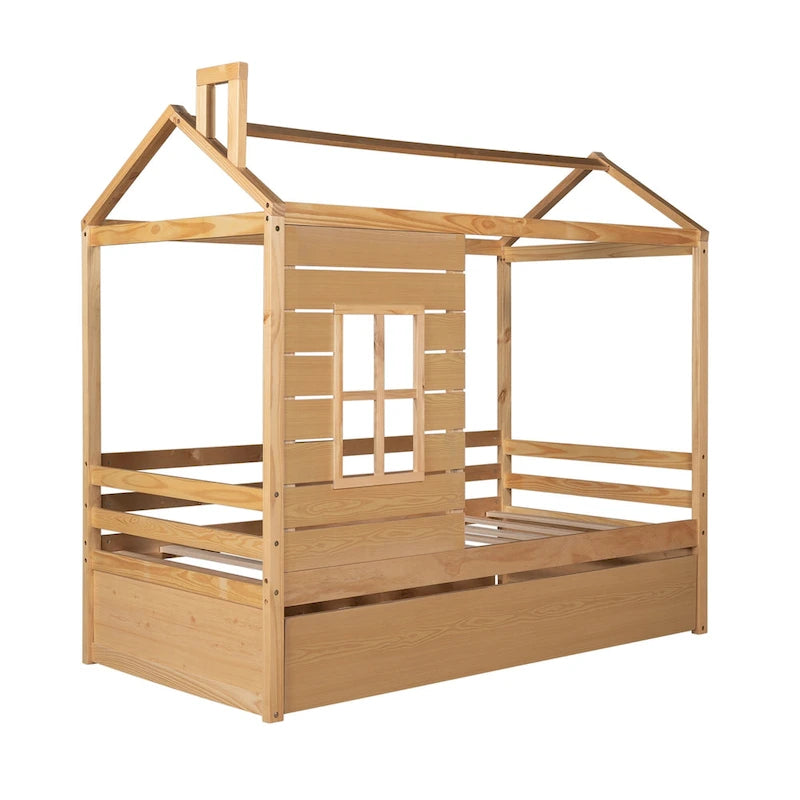 Cama tipo casinha de pinho de tamanho Twin com cama auxiliar, proteção lateral e janela