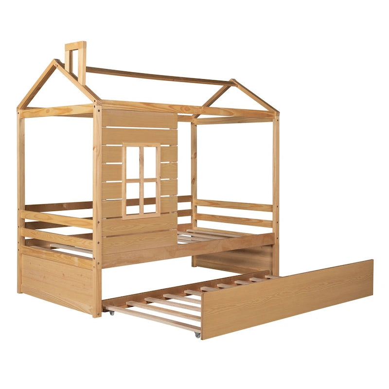 Cama tipo casinha de pinho de tamanho Twin com cama auxiliar, proteção lateral e janela