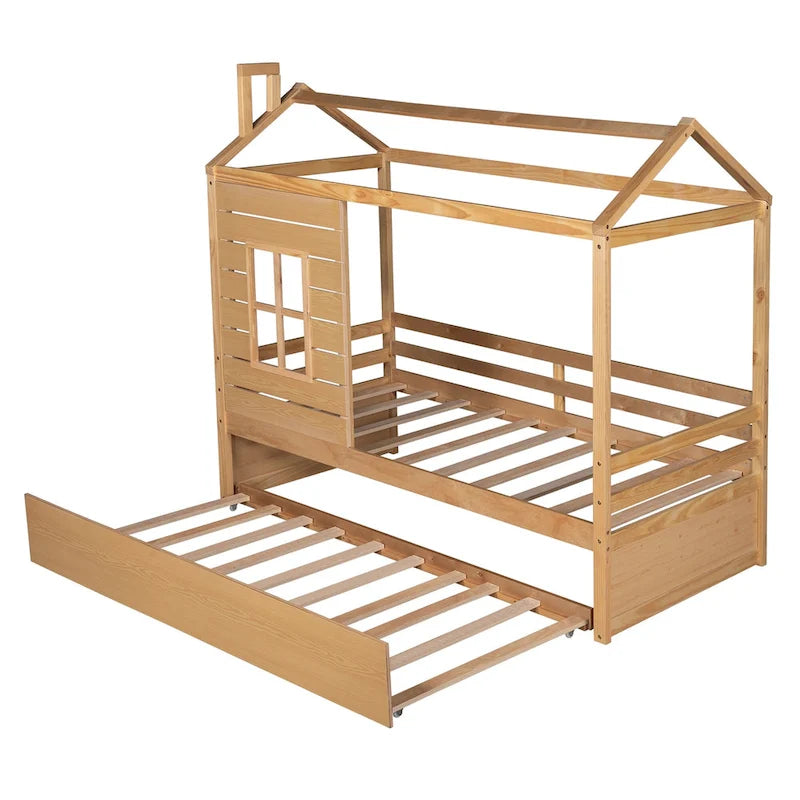Cama tipo casinha de pinho de tamanho Twin com cama auxiliar, proteção lateral e janela
