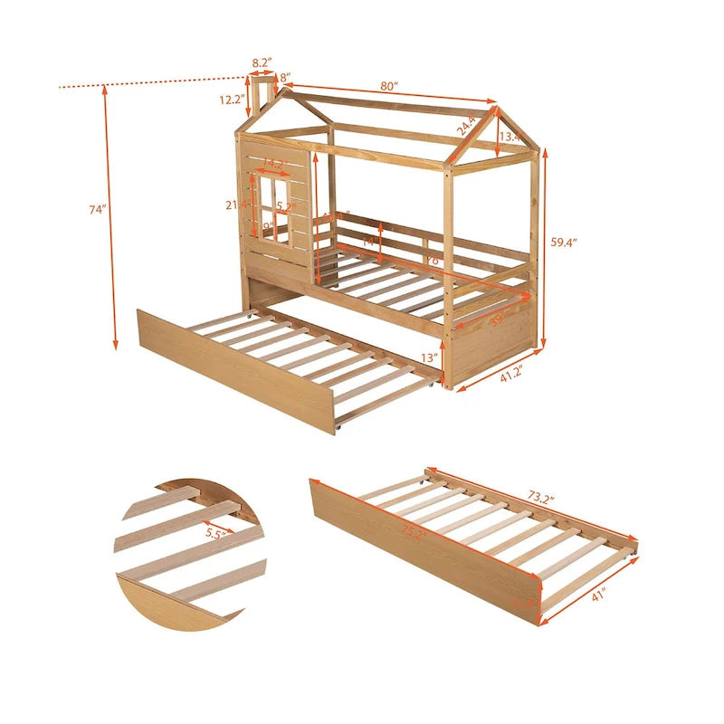 Cama tipo casinha de pinho de tamanho Twin com cama auxiliar, proteção lateral e janela