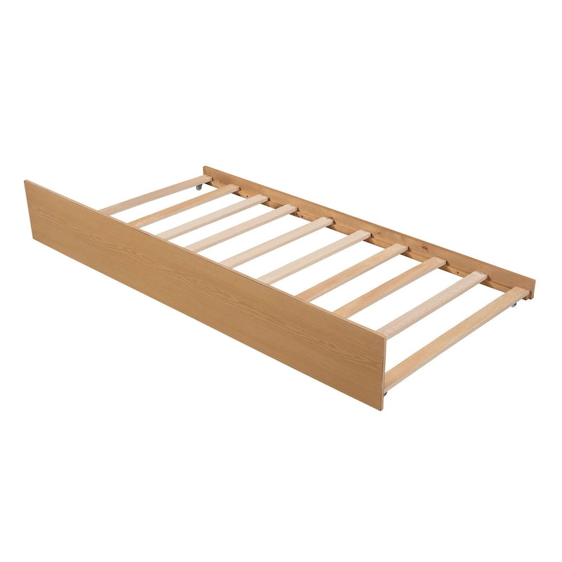 Cama tipo casinha de pinho de tamanho Twin com cama auxiliar, proteção lateral e janela