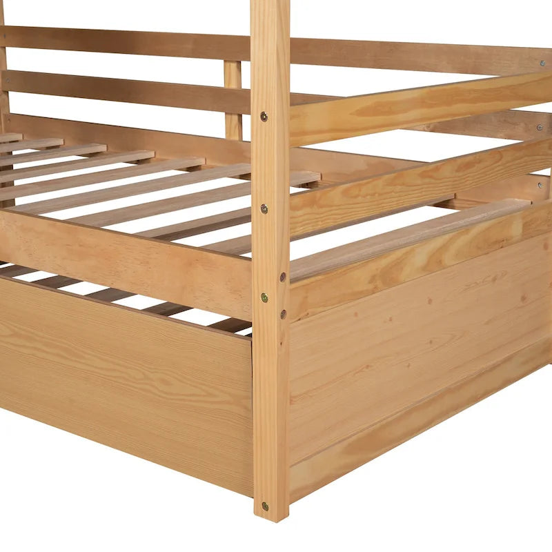 Cama tipo casinha de pinho de tamanho Twin com cama auxiliar, proteção lateral e janela