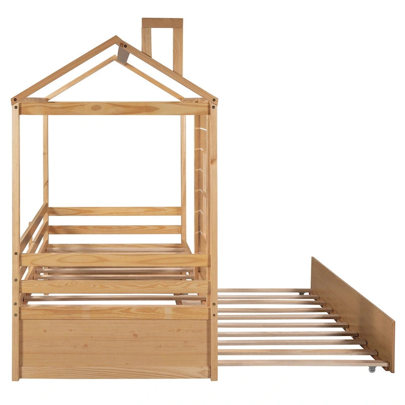 Cama tipo casinha de pinho de tamanho Twin com cama auxiliar, proteção lateral e janela