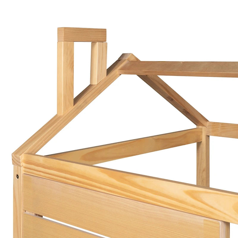 Cama tipo casinha de pinho de tamanho Twin com cama auxiliar, proteção lateral e janela