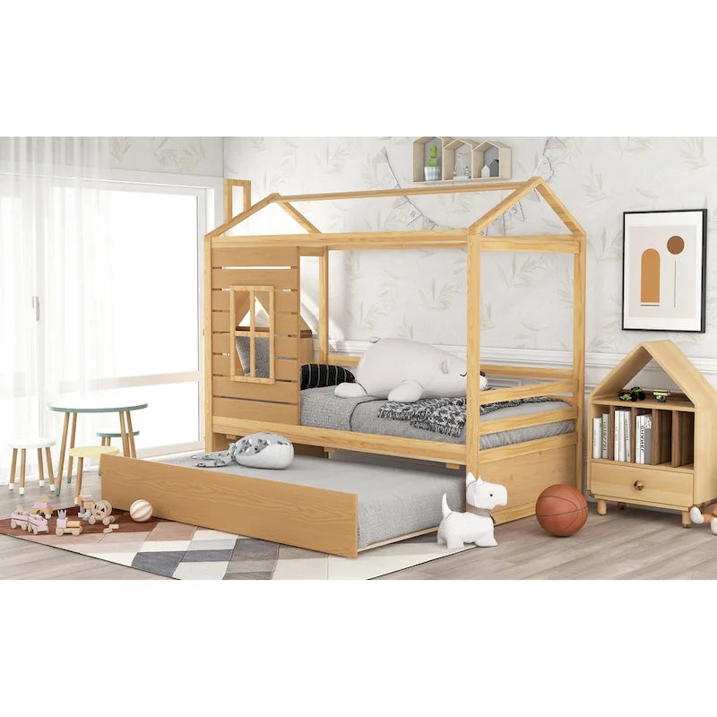Cama tipo casinha de pinho de tamanho Twin com cama auxiliar, proteção lateral e janela
