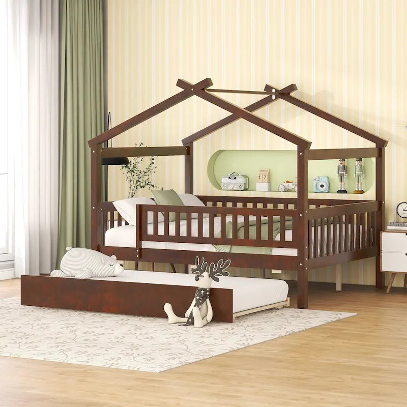Letto casetta in pino, misura Full, con letto estraibile Twin