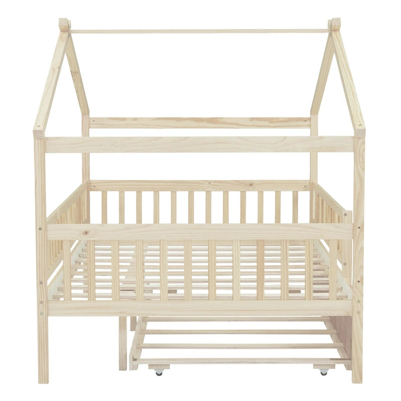 Letto casetta in pino, misura Full, con letto estraibile Twin