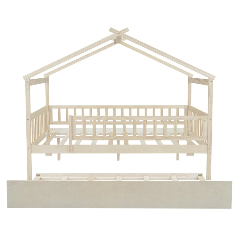 Letto casetta in pino, misura Full, con letto estraibile Twin