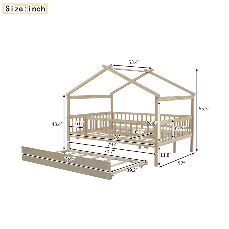 Letto casetta in pino, misura Full, con letto estraibile Twin