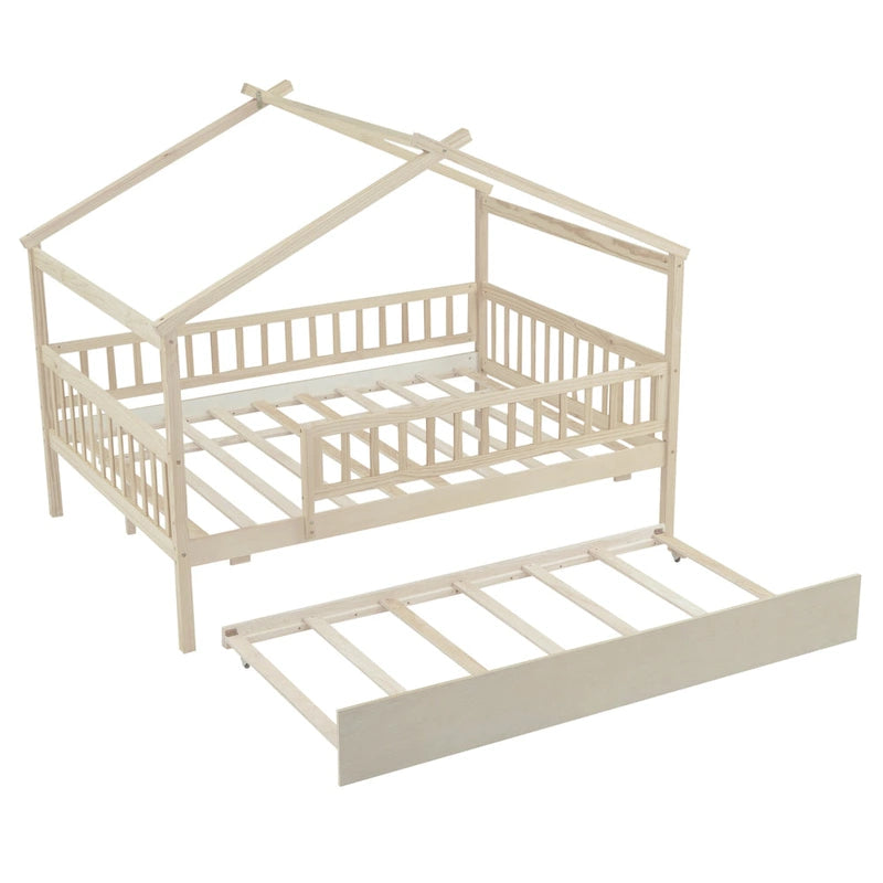 Letto casetta in pino, misura Full, con letto estraibile Twin