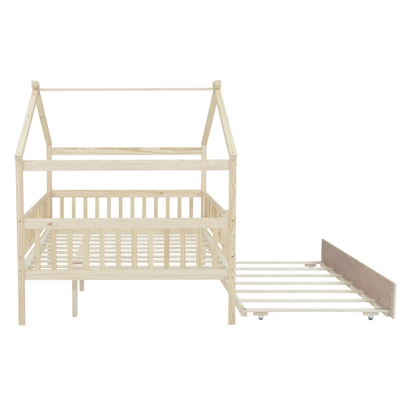 Letto casetta in pino, misura Full, con letto estraibile Twin