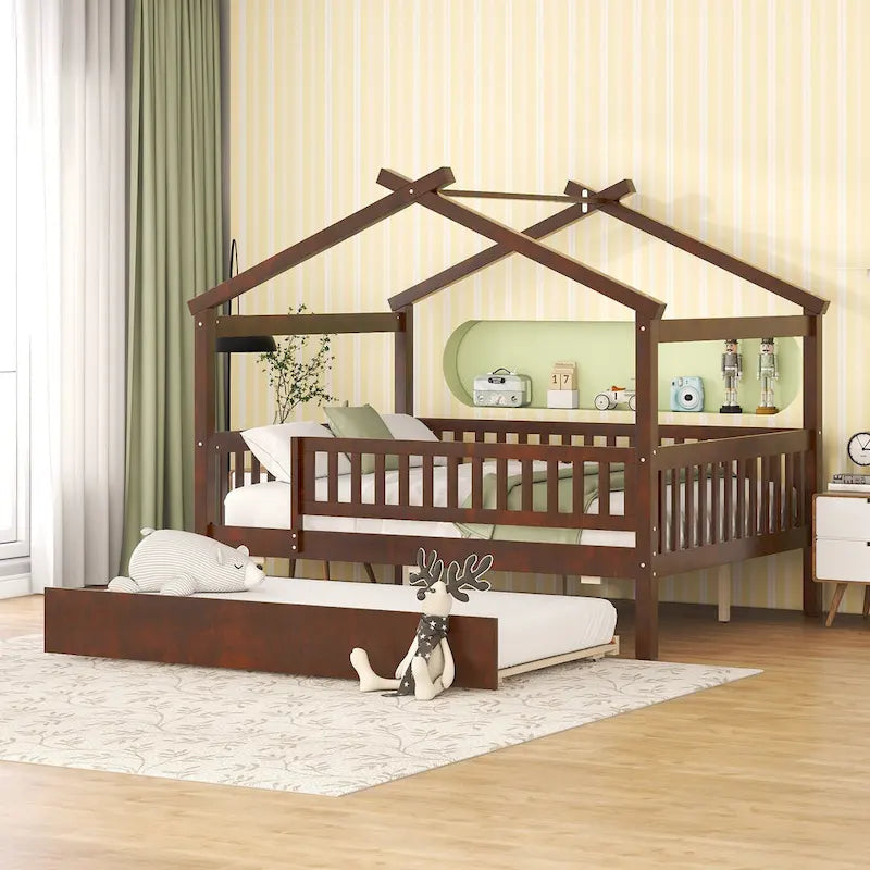 Letto casetta in pino, misura Full, con letto estraibile Twin