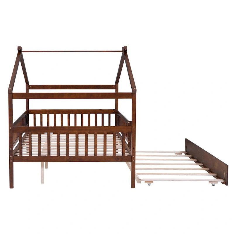 Letto casetta in pino, misura Full, con letto estraibile Twin