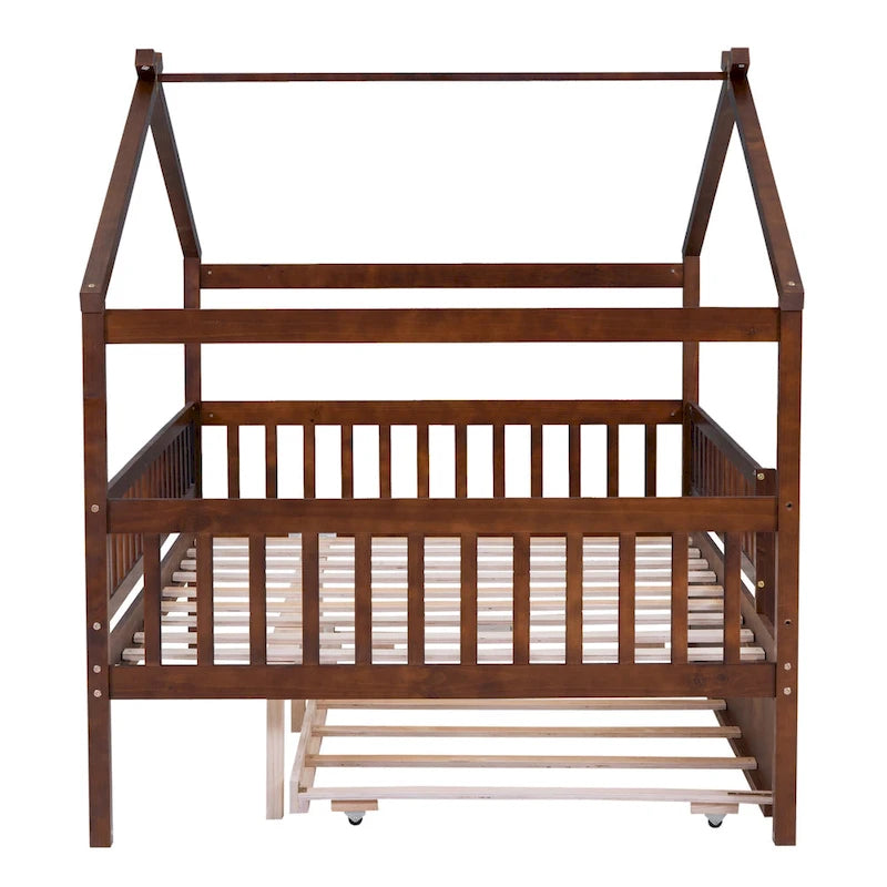Letto casetta in pino, misura Full, con letto estraibile Twin