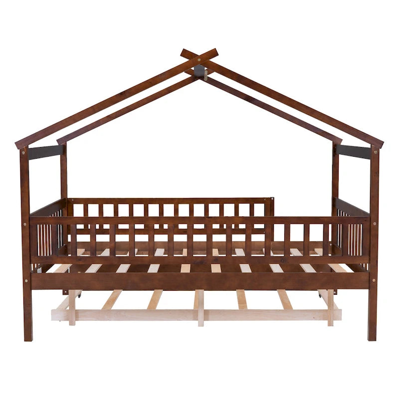 Letto casetta in pino, misura Full, con letto estraibile Twin
