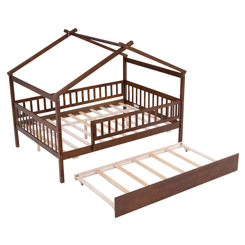 Letto casetta in pino, misura Full, con letto estraibile Twin