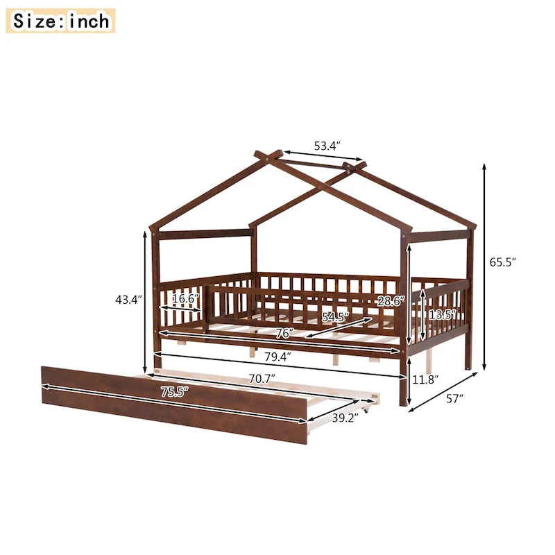 Letto casetta in pino, misura Full, con letto estraibile Twin