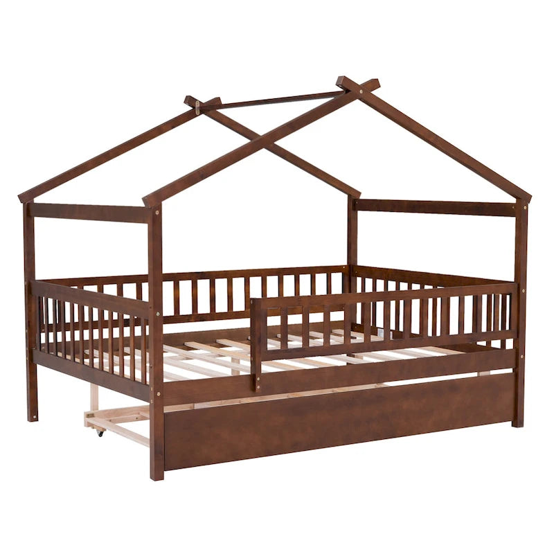 Letto casetta in pino, misura Full, con letto estraibile Twin