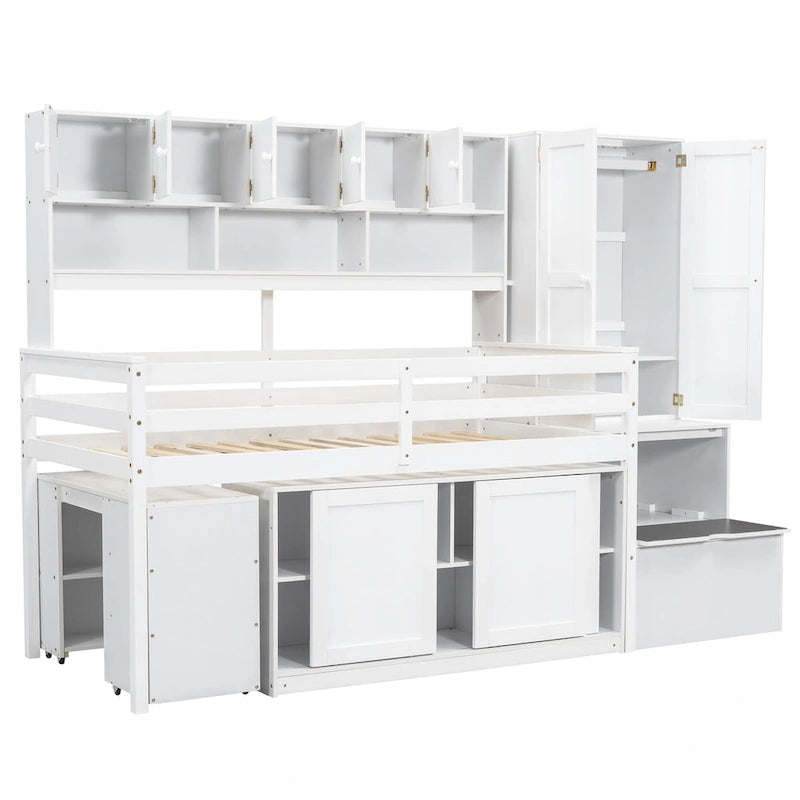 White Twin Size Wooden Loft Bed with Integrated Wardrobe & Desk