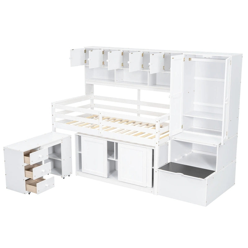 White Twin Size Wooden Loft Bed with Integrated Wardrobe & Desk