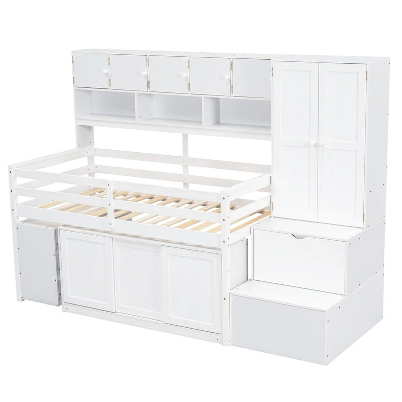 White Twin Size Wooden Loft Bed with Integrated Wardrobe & Desk