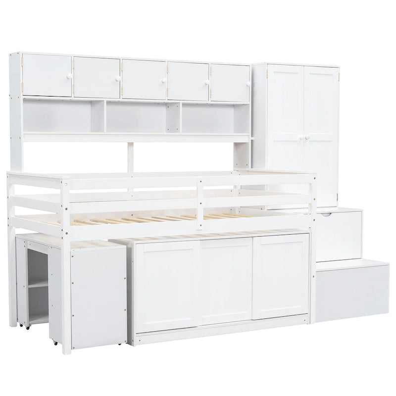 White Twin Size Wooden Loft Bed with Integrated Wardrobe & Desk