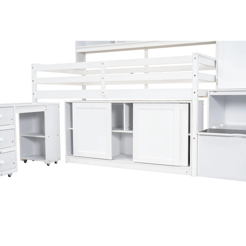 White Twin Size Wooden Loft Bed with Integrated Wardrobe & Desk