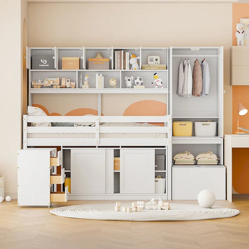 White Twin Size Wooden Loft Bed with Integrated Wardrobe and Under-bed Desk