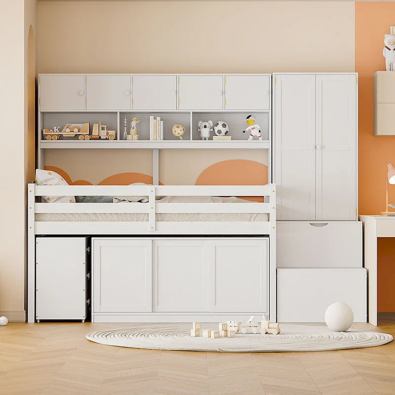 White Twin Size Wooden Loft Bed with Integrated Wardrobe and Under-bed Desk
