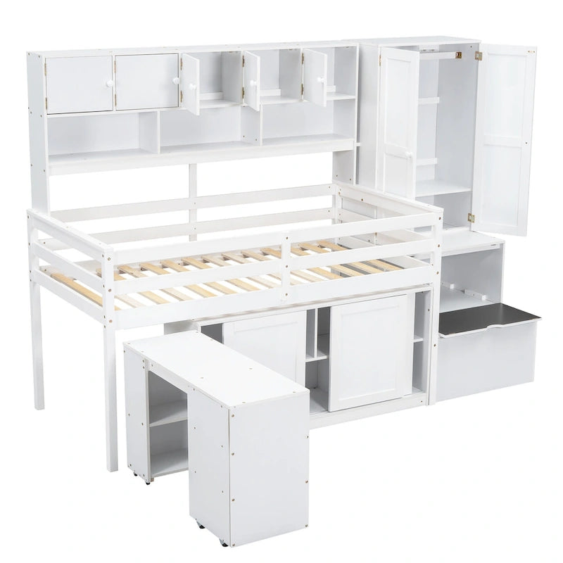 White Twin Size Wooden Loft Bed with Integrated Wardrobe and Under-bed Desk