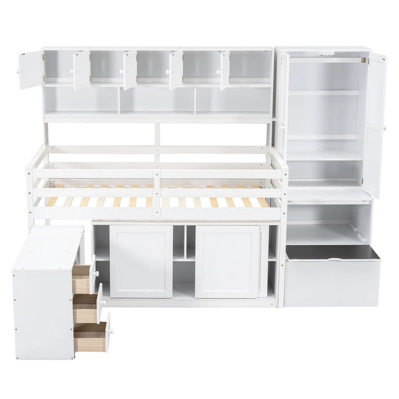 White Twin Size Wooden Loft Bed with Integrated Wardrobe and Under-bed Desk