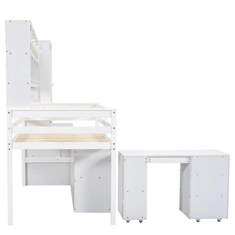 White Twin Size Wooden Loft Bed with Integrated Wardrobe and Under-bed Desk